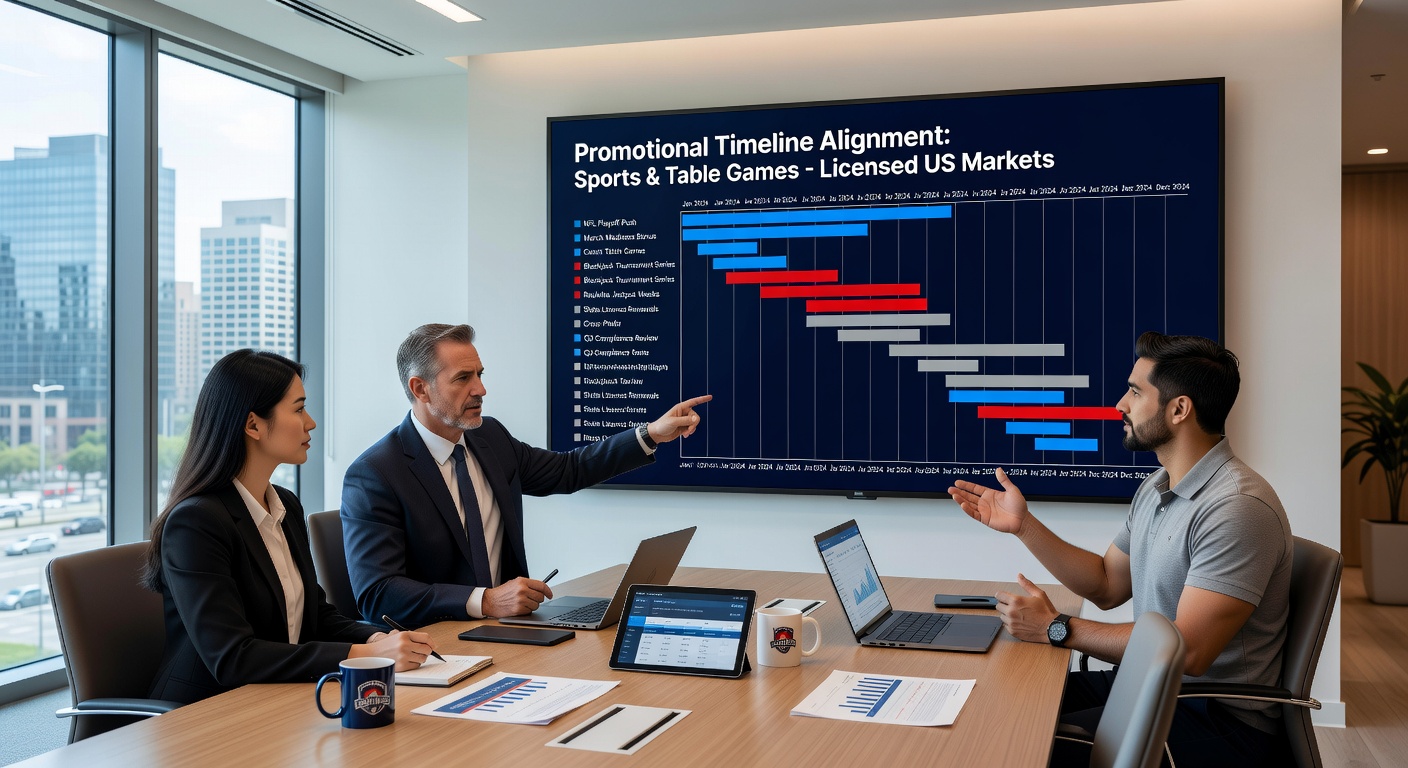 Operators reviewing promotional calendars for sports and table game platforms across multiple US states