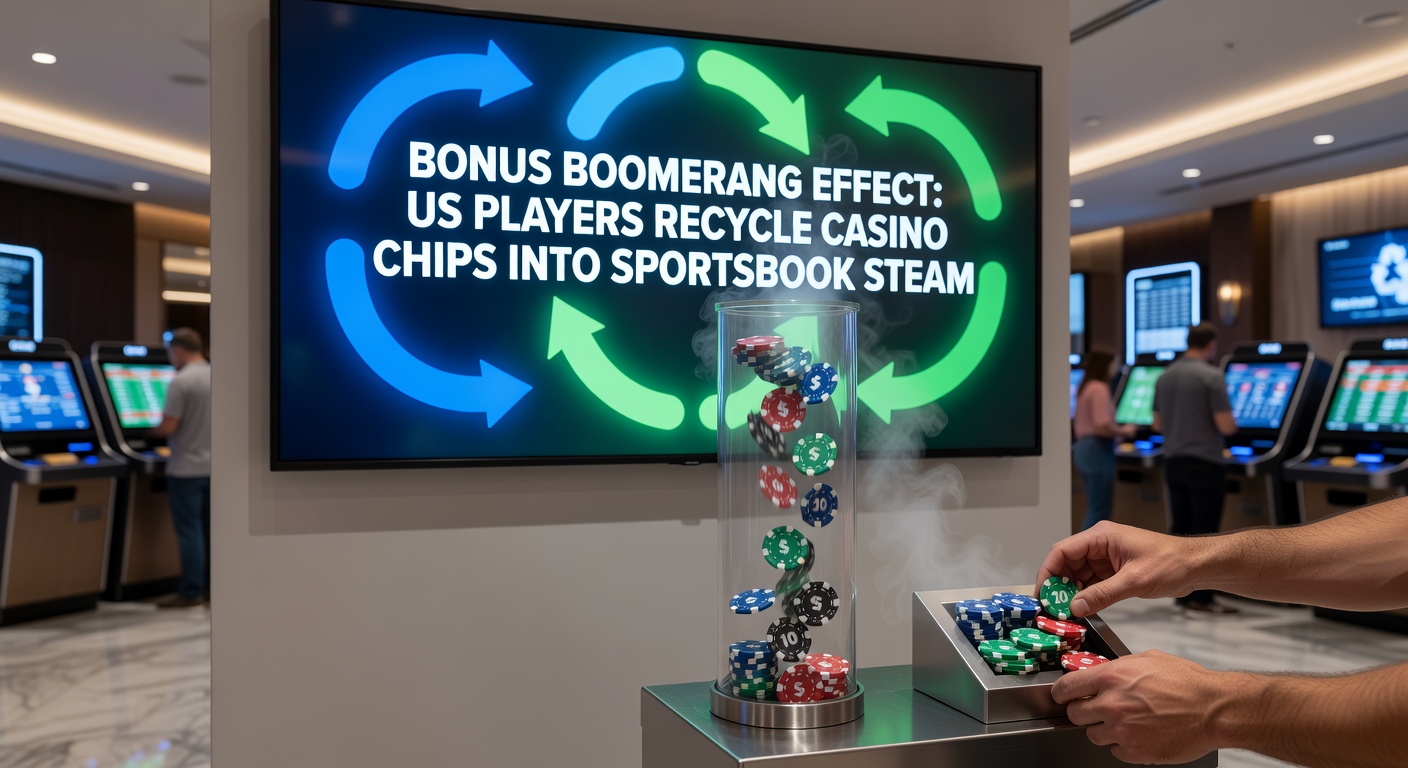 Digital graphic showing casino chips transforming into sportsbook tickets with a boomerang arrow looping back, illustrating the recycling process in US online gambling