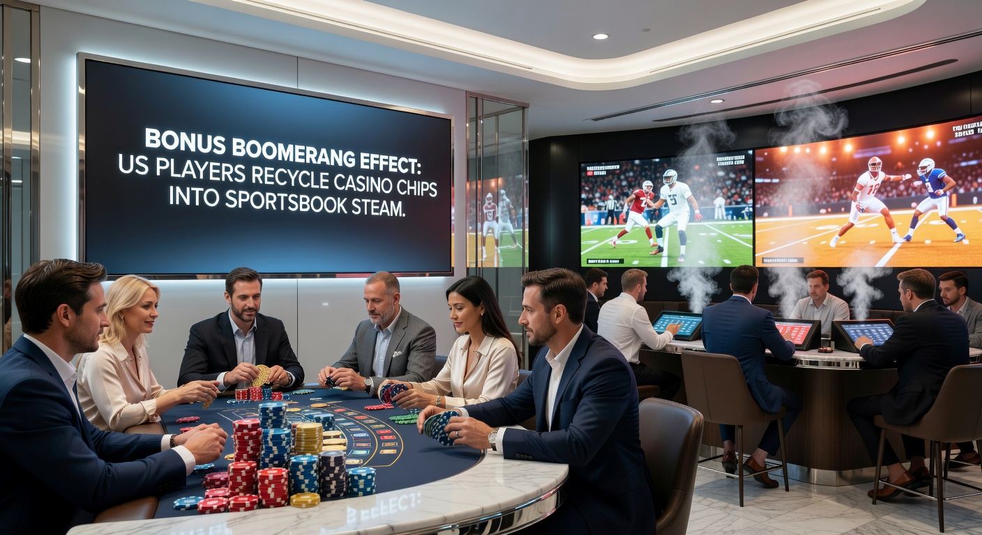 Infographic depicting a boomerang path from casino bonus icons to sportsbook event bets, with stats on recycling efficiency and volume growth in US markets