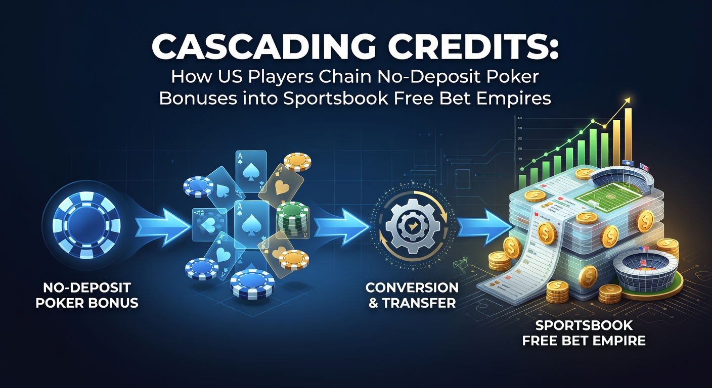 US poker player on laptop chaining bonuses from poker tables to sportsbook odds screens, illustrating credit cascading