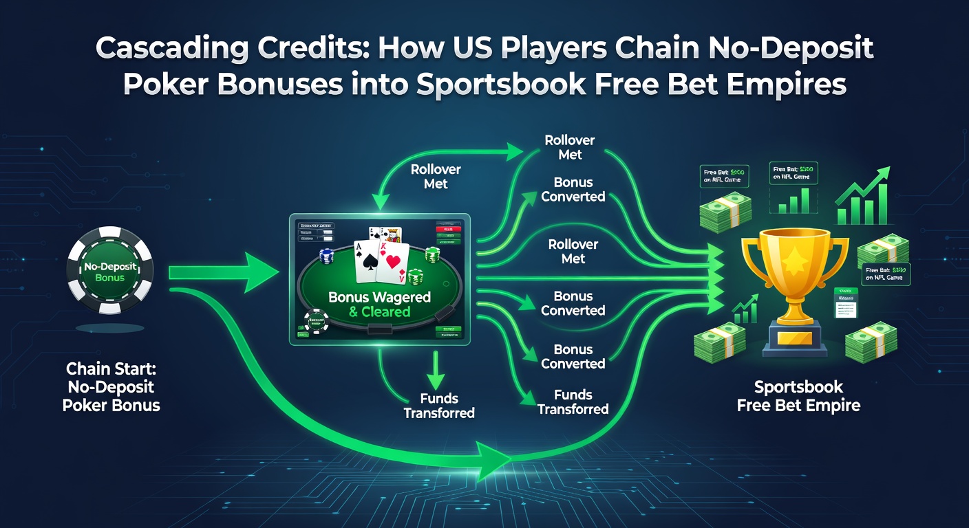 Graphic flowchart showing no-deposit poker bonuses flowing into sportsbook free bets, with icons of cards, basketballs, and credit stacks building an empire