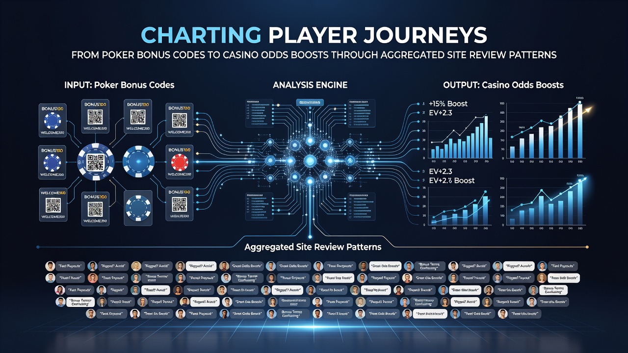 Visualization of player journey mapping from poker bonuses to casino odds boosts based on review data patterns