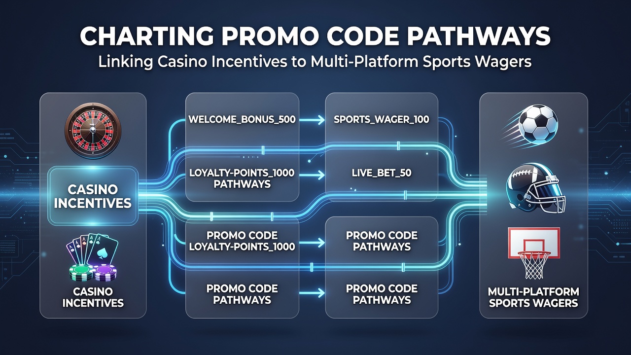 Diagram showing data flows between casino promotions and sports betting platforms with example promo code routes