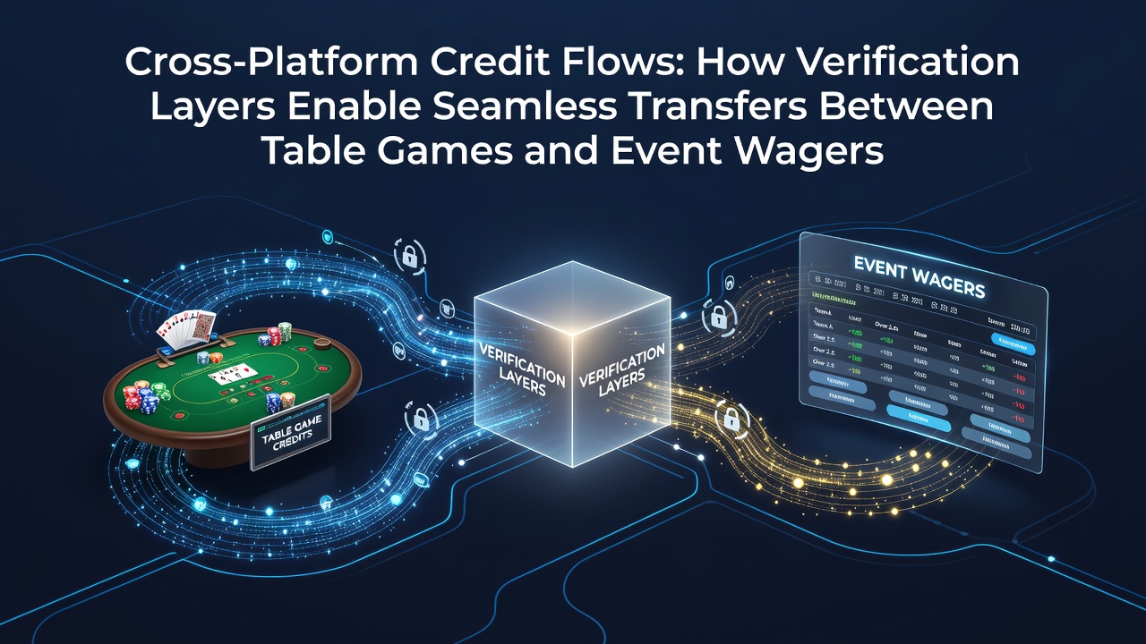 Diagram showing credit verification layers connecting table games and event wagers across platforms