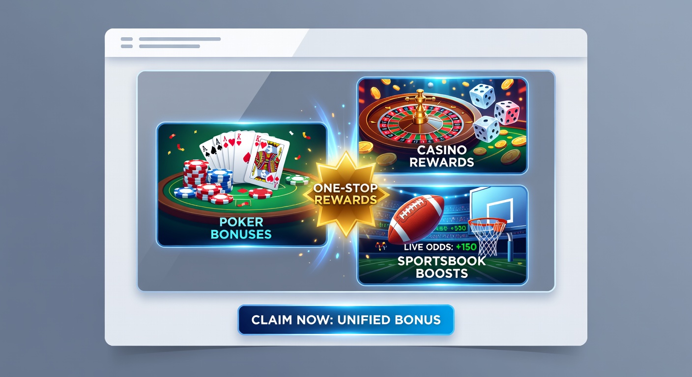 Screenshot of a unified bonus dashboard on a major US site, displaying active poker matches, casino spins, and sportsbook free bets in April 2026 promotions