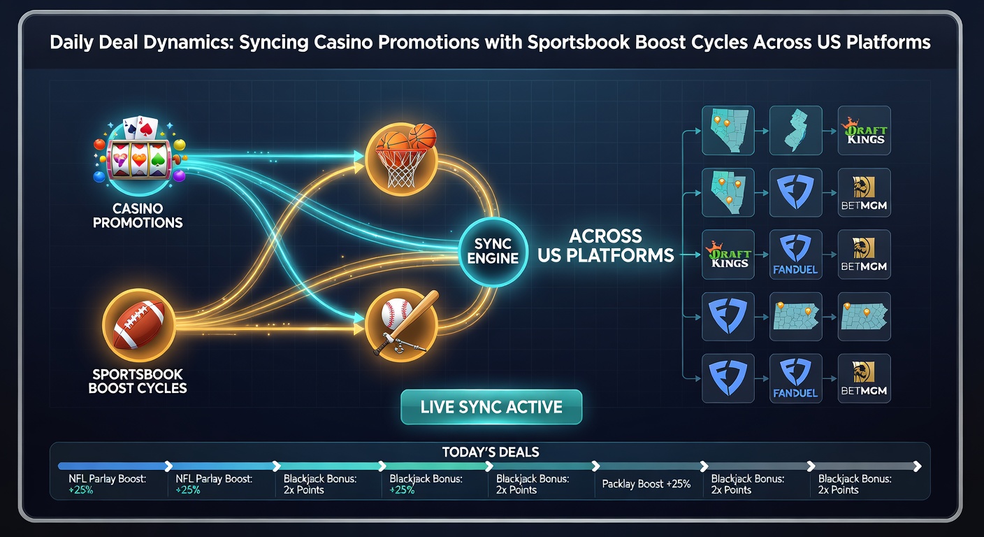 Digital dashboard showing synced casino and sportsbook promotions on a US betting app, with daily deal timers and boost indicators glowing in real time