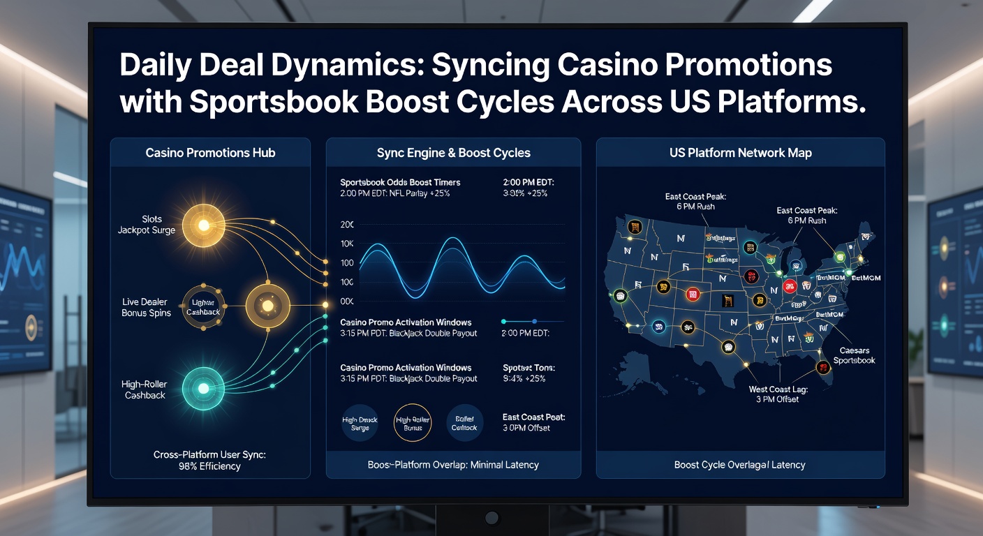 Graph illustrating peak sync times for casino promotions and sportsbook boosts on US platforms, with overlapping spikes during major sports events in April 2026