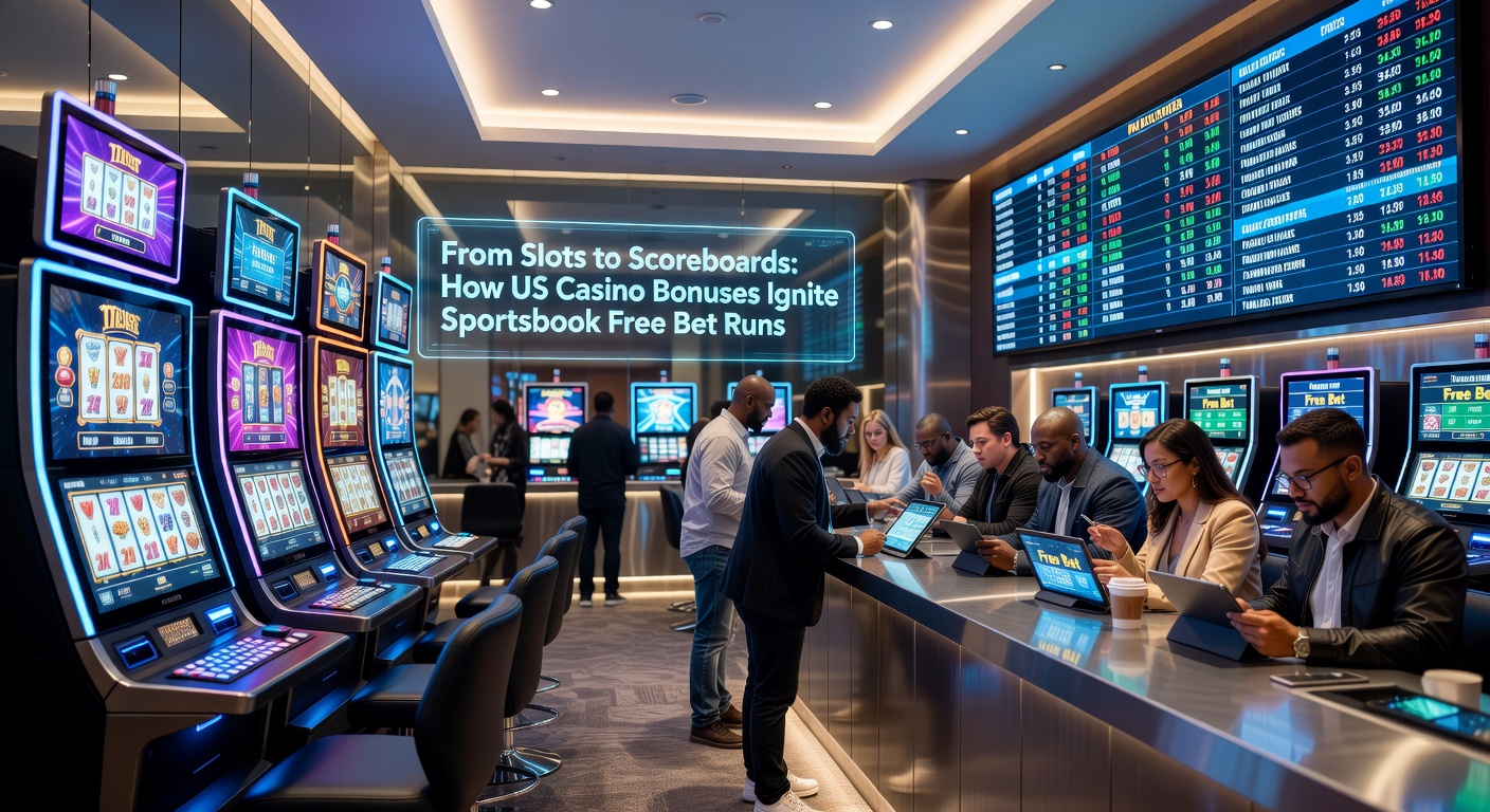 Vibrant casino slot machines glowing with bonus symbols next to a digital sportsbook scoreboard displaying free bet promotions