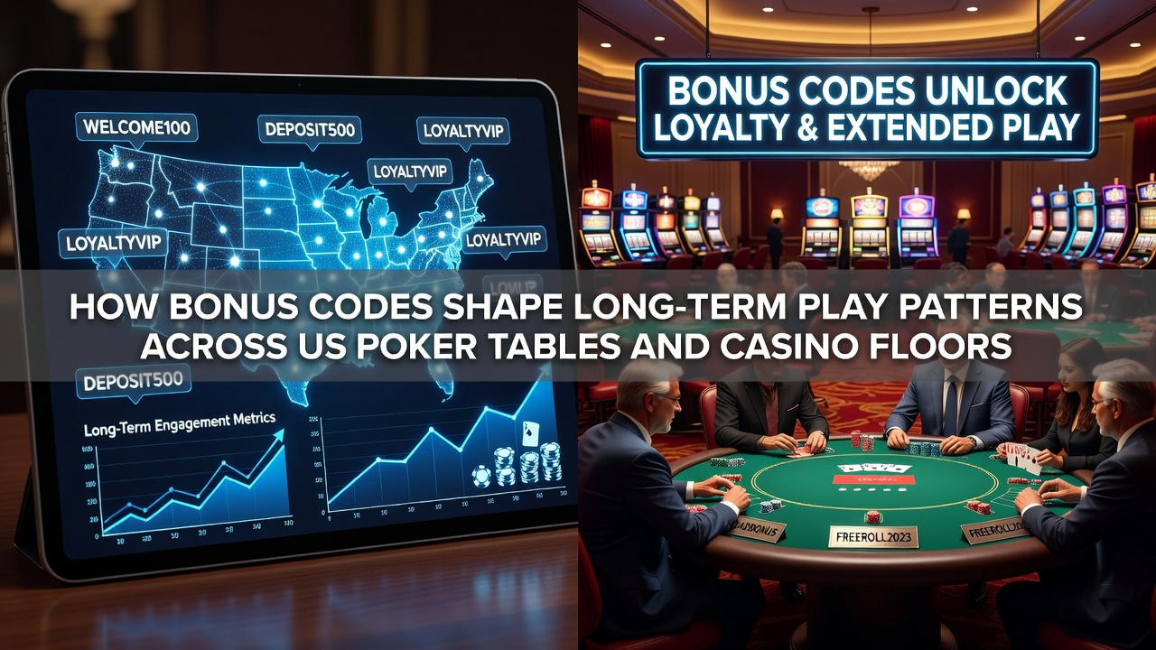 US poker players engaging at casino tables with bonus promotions visible on screens