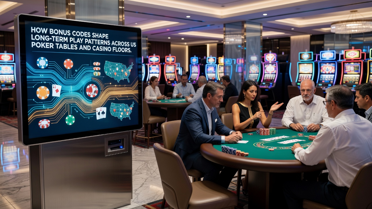 Casino floor scene showing slot machines and table games with players extending sessions through promotional codes