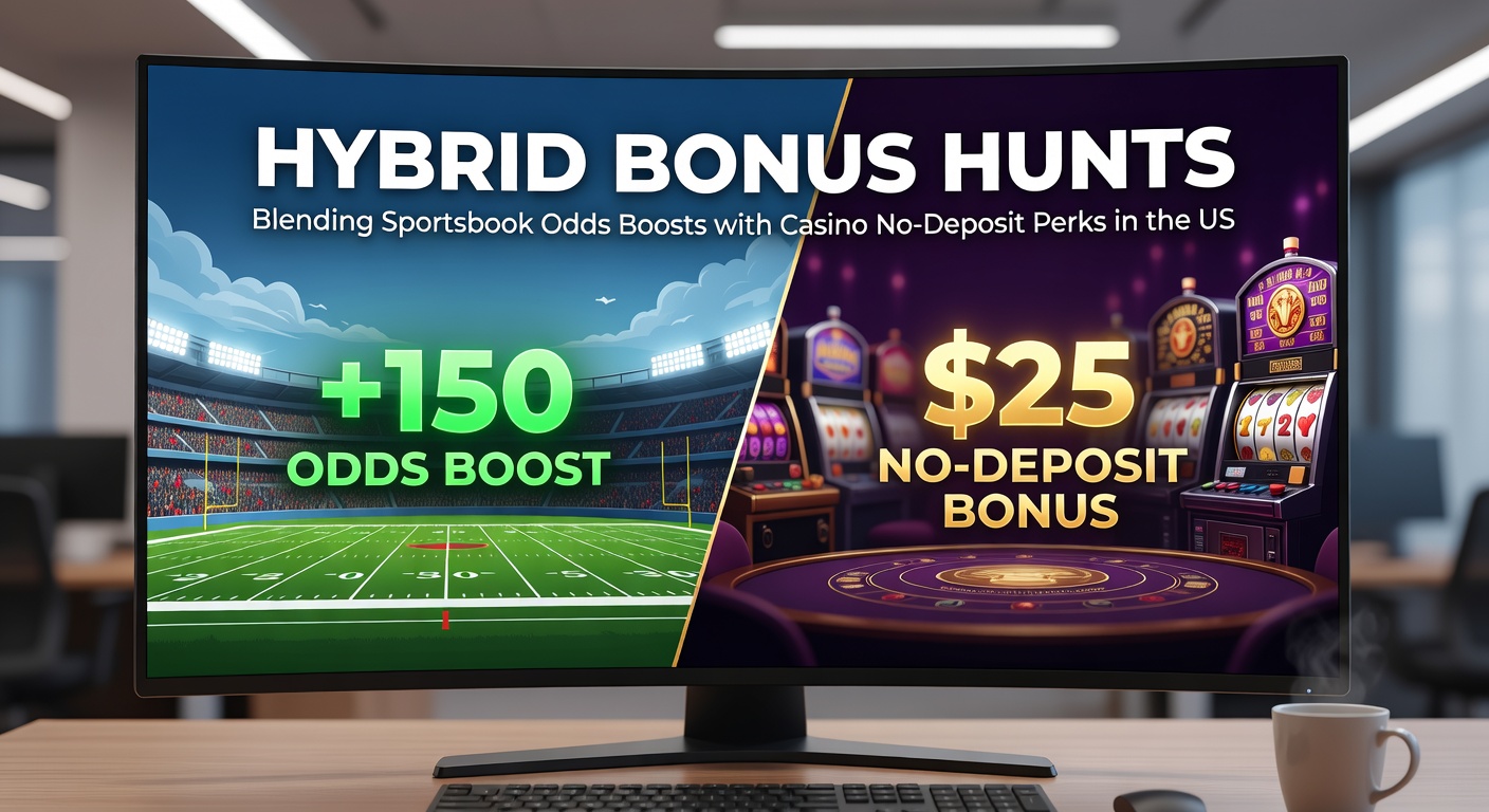 Graphic showing intertwined sportsbook odds boosts and casino slot spins, illustrating hybrid bonus hunting tactics in the US market