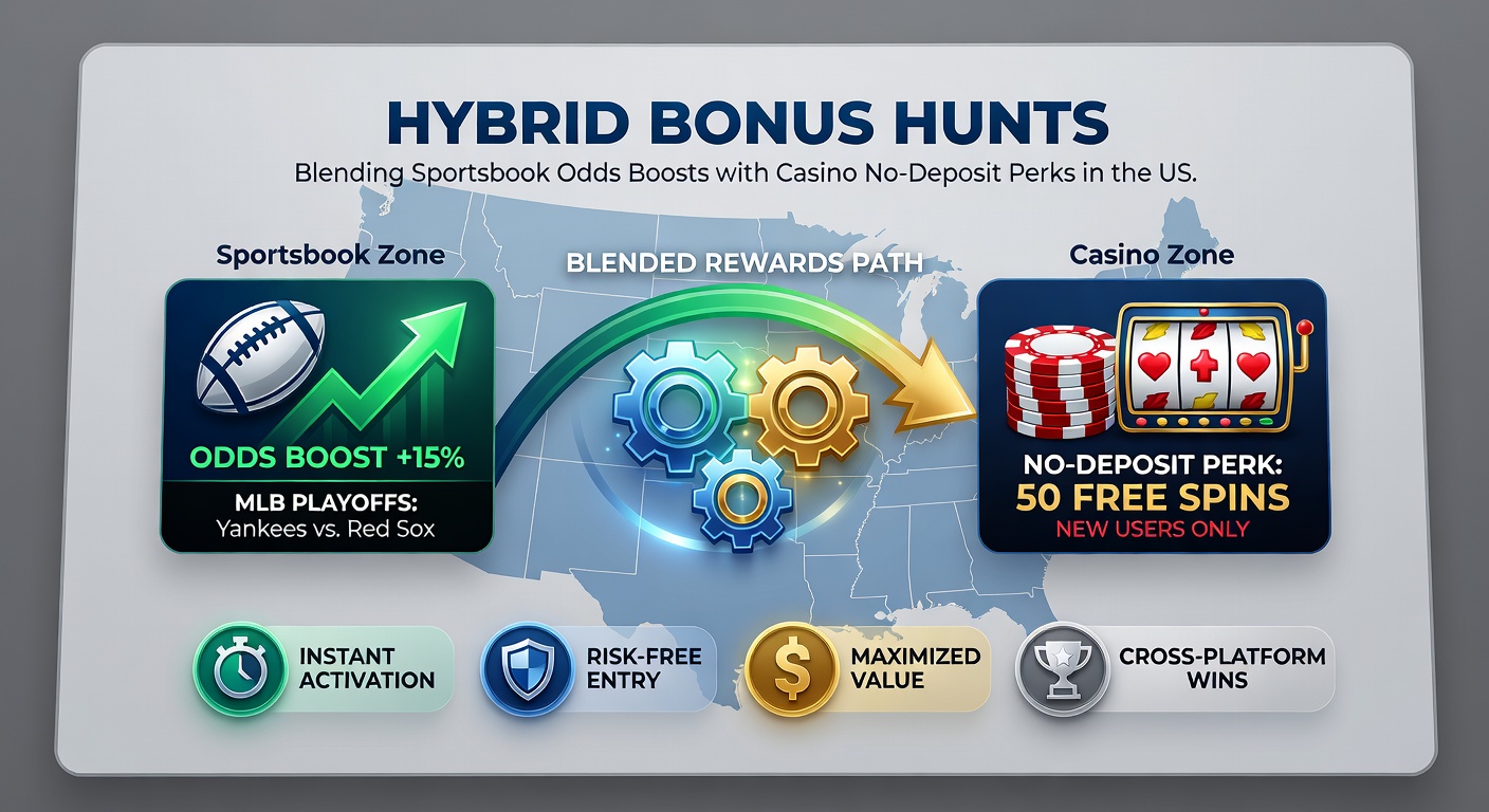 Infographic depicting a flowchart of hybrid bonus paths from casino free spins to sportsbook parlay wins, highlighting US state variations