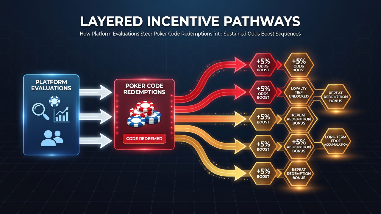 Digital interface showing layered poker bonus redemptions transitioning into sportsbook odds boost sequences on a betting platform