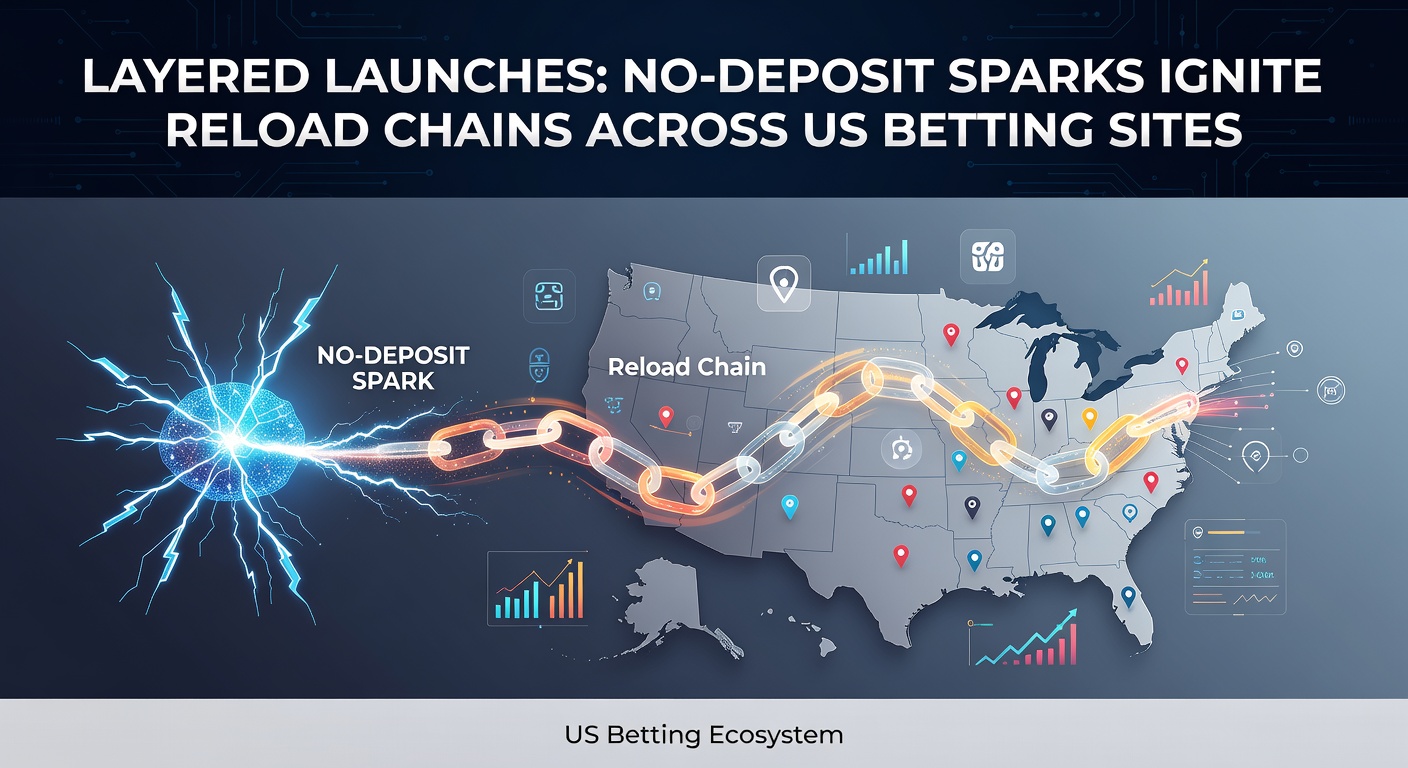Graphic showing a chain reaction of bonus icons exploding from a no-deposit spark across US sportsbook logos
