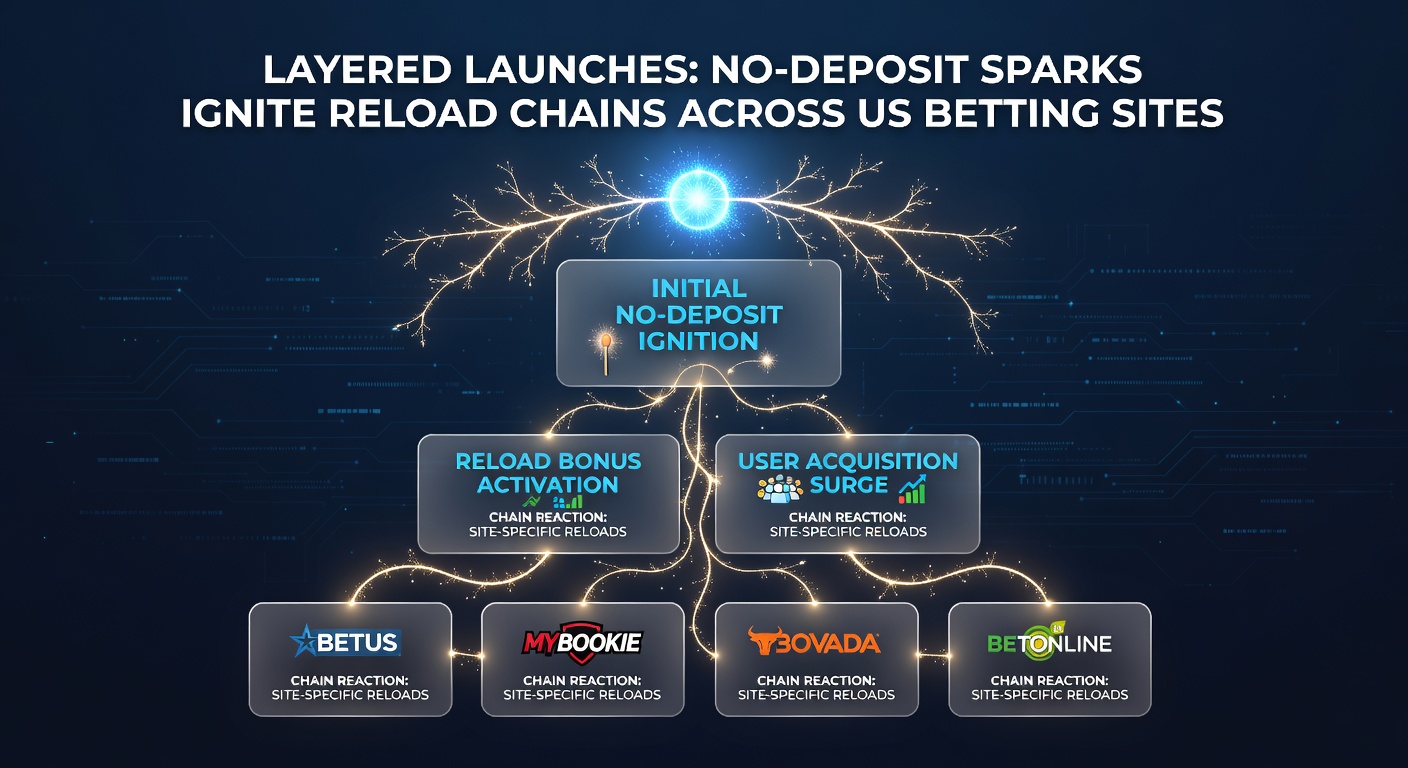 Illustration of layered bonus chains linking no-deposit icons to exploding reload fireworks over a map of US states
