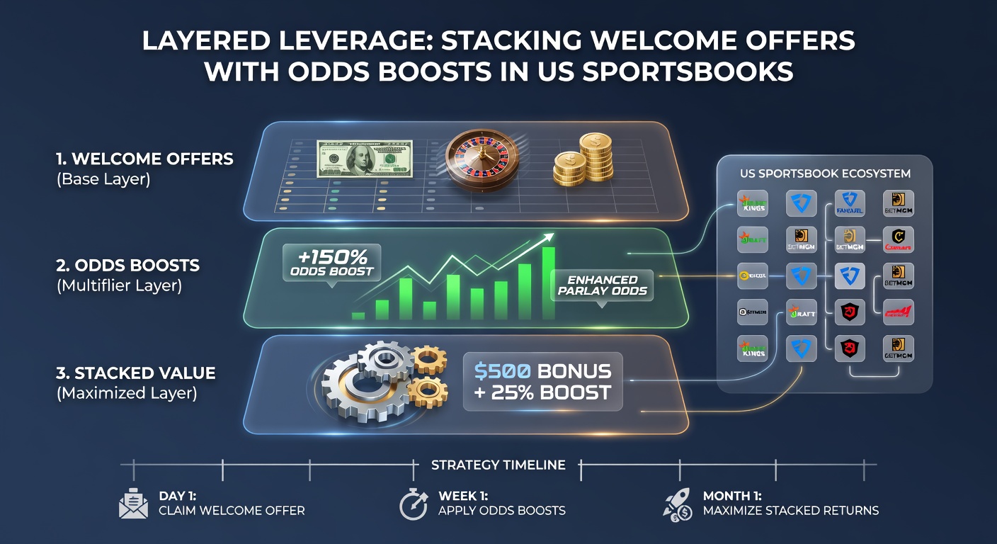 Infographic detailing a step-by-step stacking strategy with welcome bonus and odds boost icons