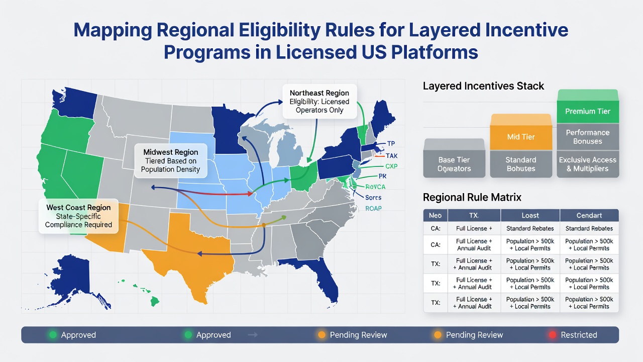 Infographic detailing eligibility rules and layered bonus flows for licensed platforms in various US states