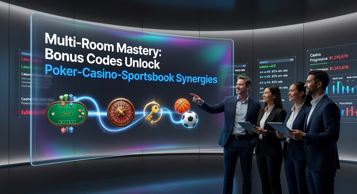 Dynamic graphic showing interconnected poker tables, slot machines, and sportsbook odds boards linked by glowing bonus code streams