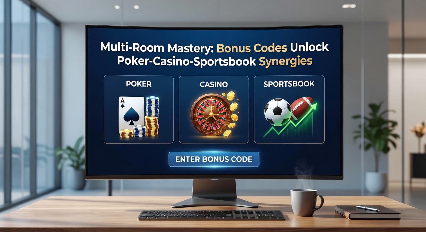 Screenshot-style image depicting a dashboard with poker chips transforming into casino chips and then sportsbook tickets via bonus code activation