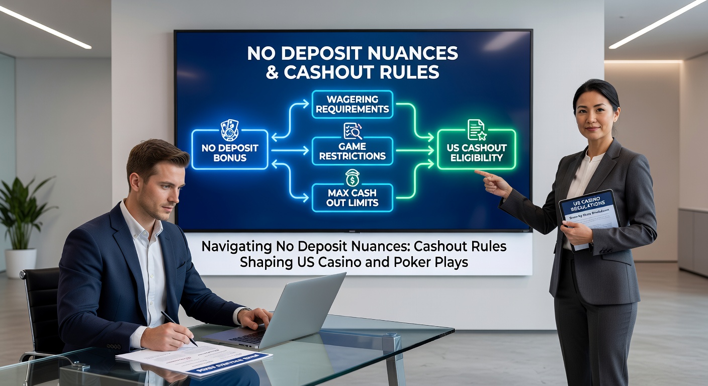 Screenshot-style graphic of a mobile app displaying no-deposit bonus terms, with highlighted cashout clauses, wagering trackers, and US state flags, illustrating real-time rule navigation on casino and poker platforms
