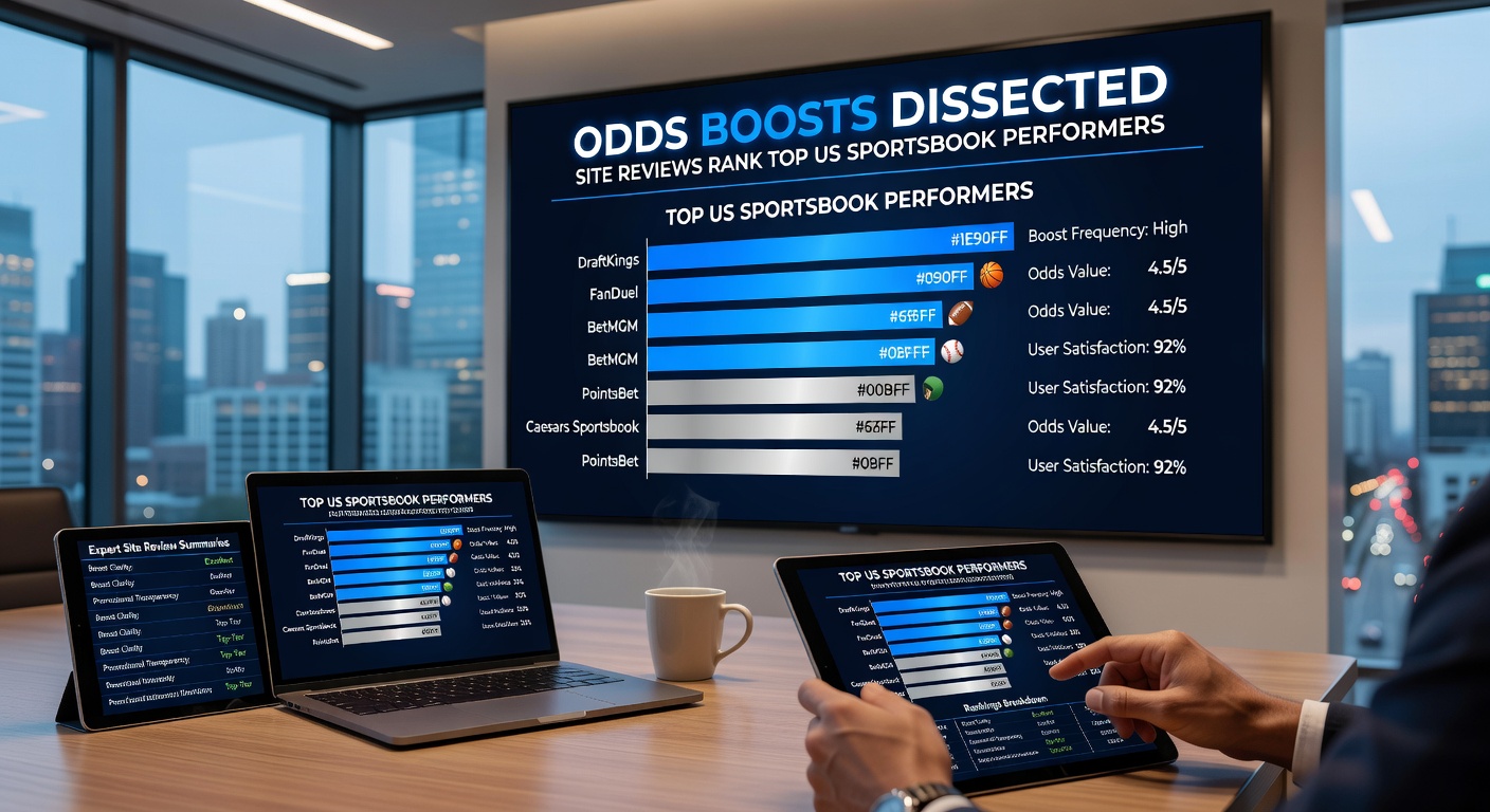 Infographic ranking US sportsbooks by odds boost metrics, featuring bars for frequency, average payout uplift, and user ratings during NBA playoffs