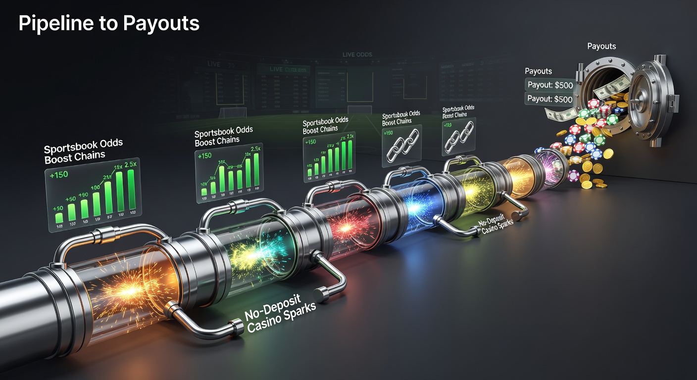 Infographic illustrating the flow from no-deposit casino bonuses to chained sportsbook odds boosts and payouts