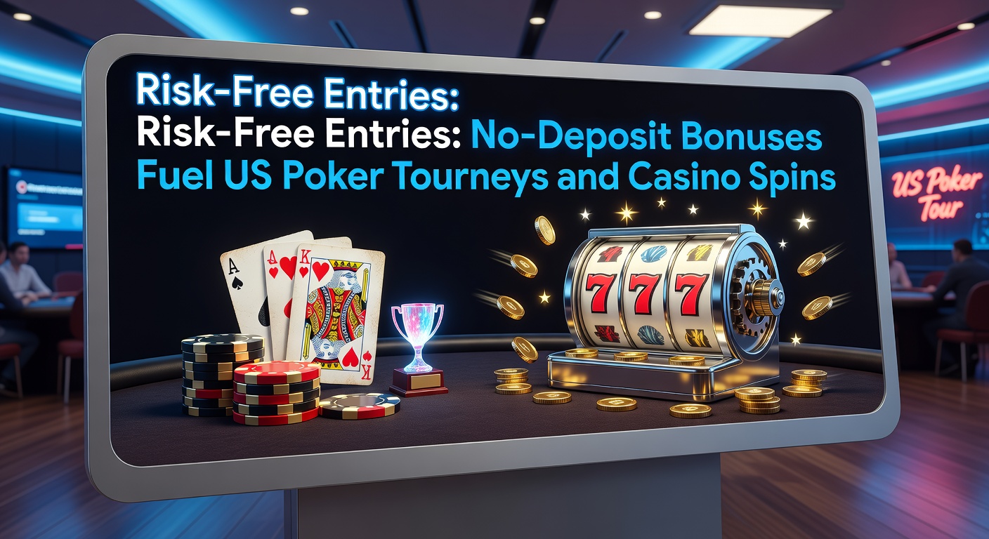 Players at a bustling US poker tournament table, chips stacked high amid no-deposit entry buzz