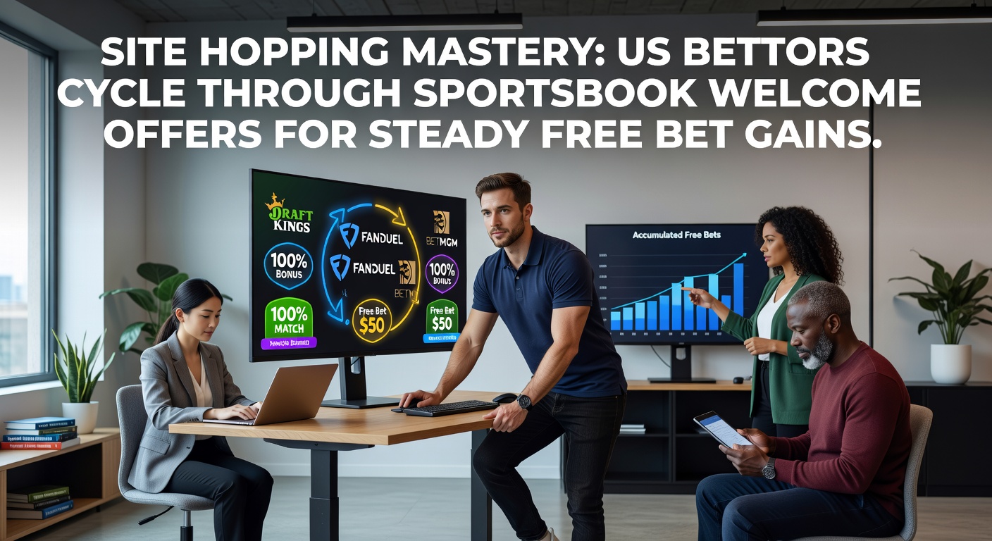 US bettors navigating multiple sportsbook apps on a smartphone, illustrating the site hopping process for welcome bonuses