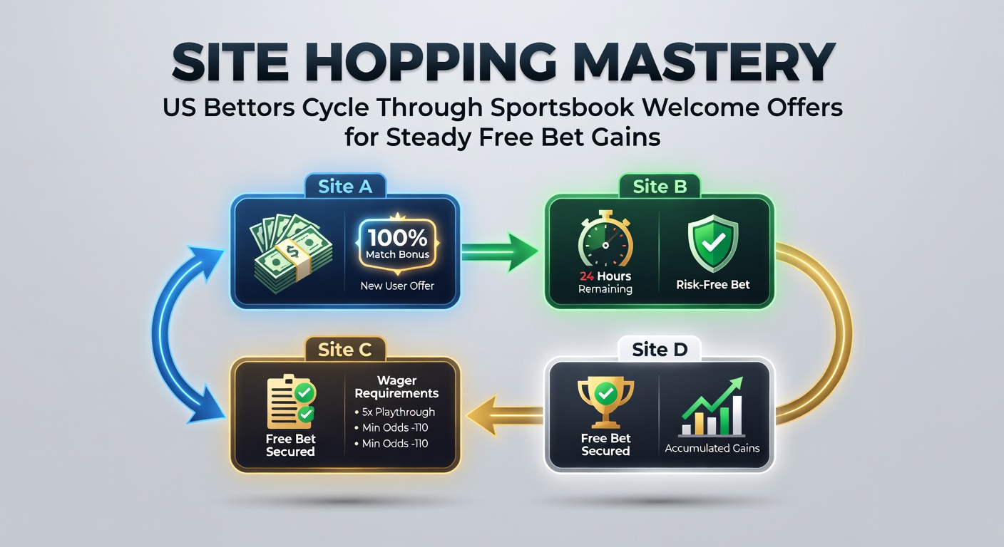 Infographic depicting a cycle of sportsbook logos connected by arrows, showing the flow of welcome bonuses and free bets in site hopping
