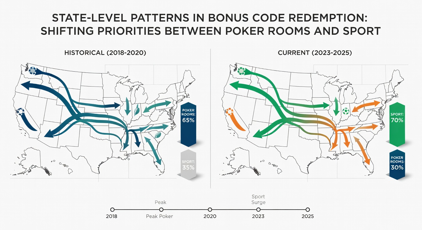 Map illustration of US states showing bonus code redemption trends shifting from poker to sportsbooks in mid-2026