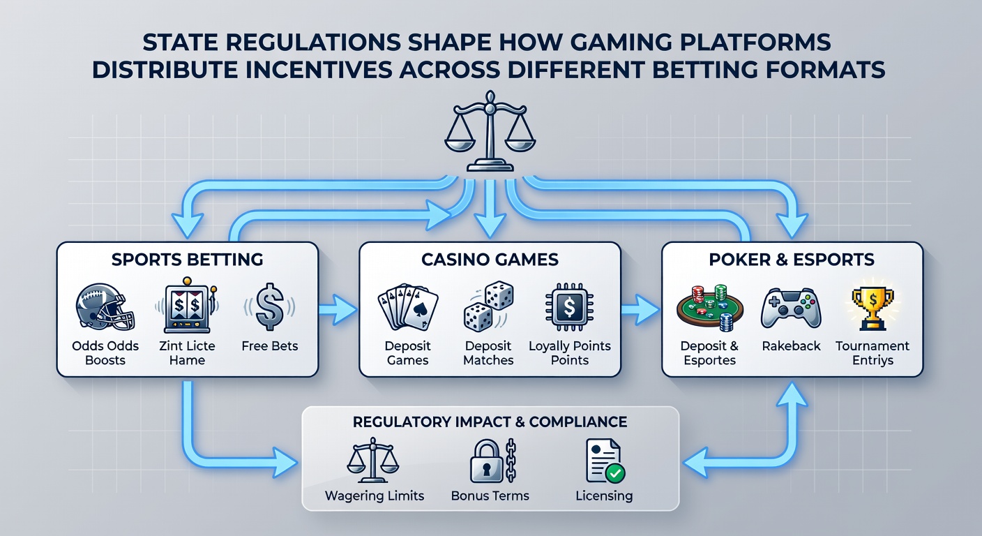 Gaming compliance officers reviewing platform dashboards showing separate incentive ledgers for sports, casino, and poker verticals