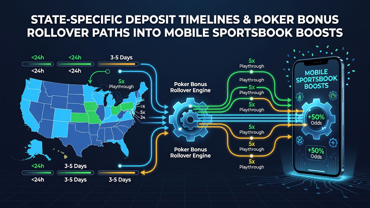 Infographic showing state deposit timelines affecting poker bonus conversions to sportsbook boosts