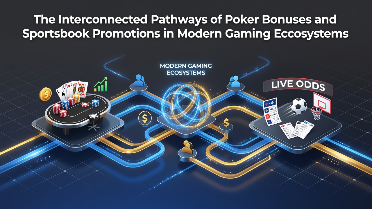 Diagram showing interconnected bonus pathways between poker platforms and sportsbook promotions in digital gaming ecosystems