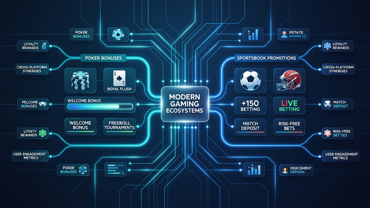 Infographic illustrating player pathways from poker bonuses to sportsbook promotions with conversion examples and timelines