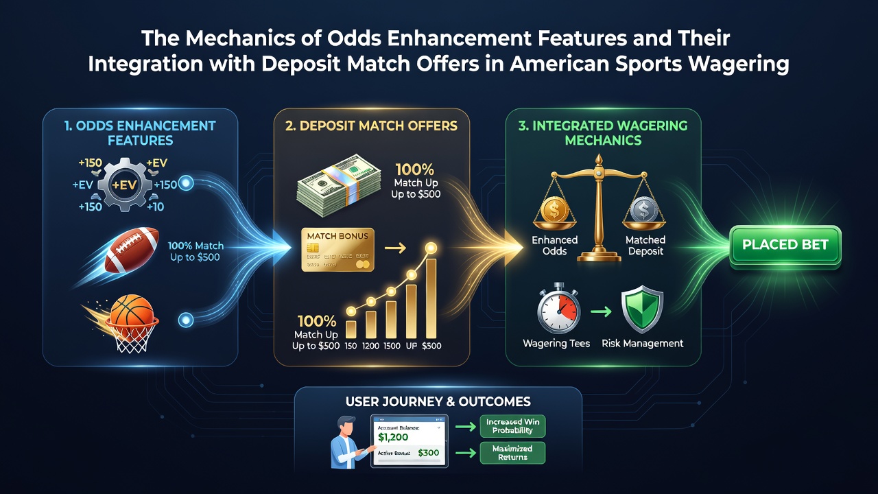 Diagram showing odds enhancement features overlaid on deposit match bonus structures in a US sportsbook interface