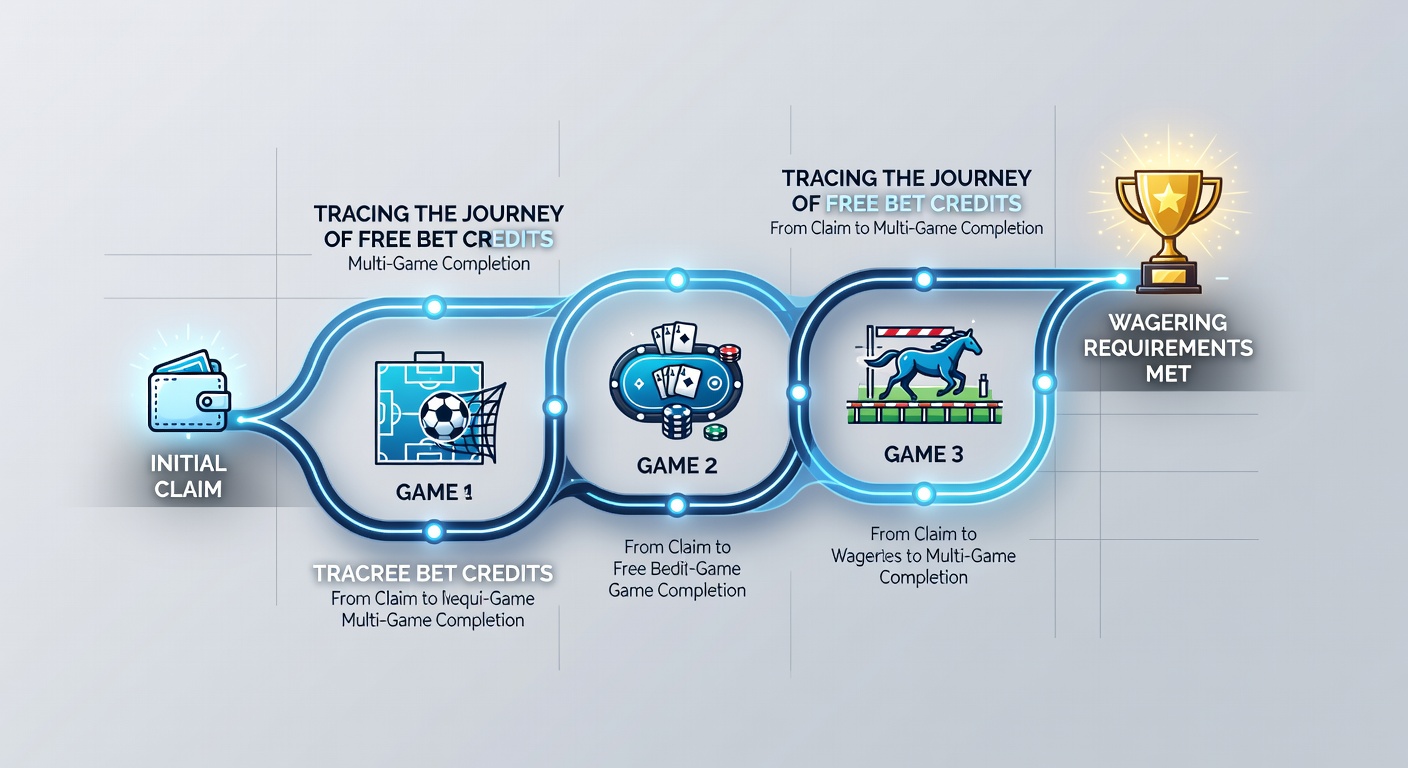 Diagram showing the step-by-step progression of free bet credits from initial claim to completion of multi-game wagering requirements