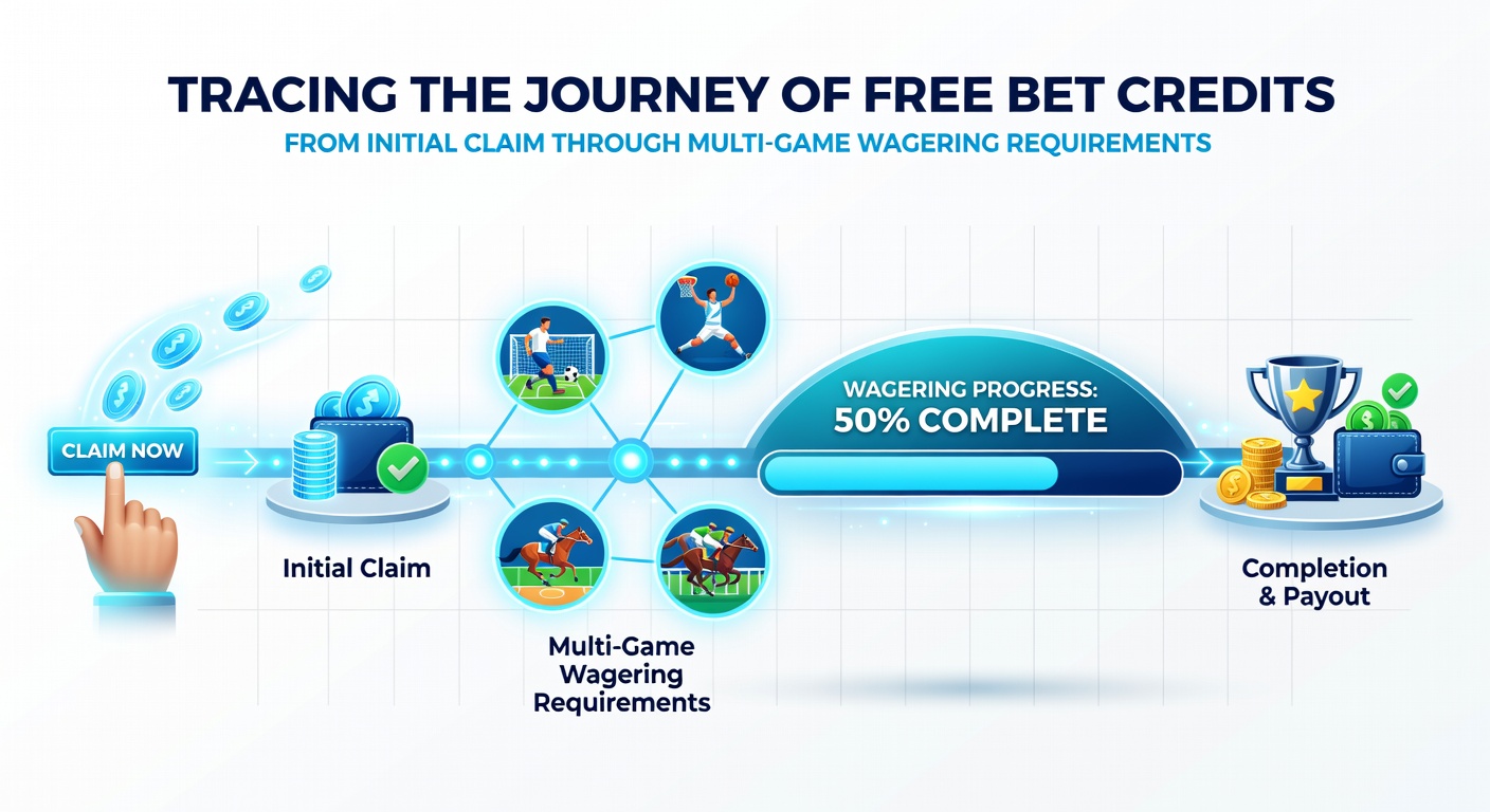 Screenshot of a betting platform interface displaying free bet credit balance, progress toward wagering goals, and eligible game categories